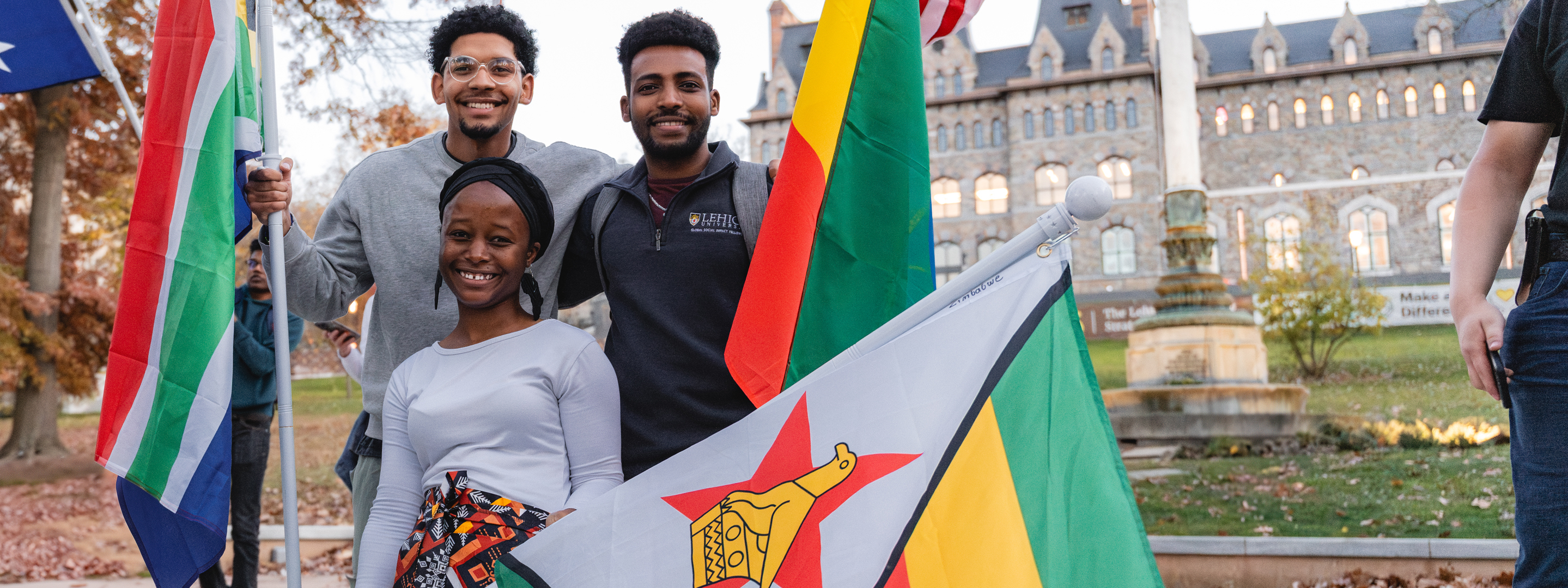 Members of Lehigh's international student community represent their home countries with their flags