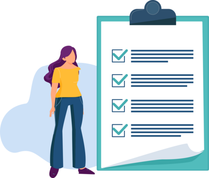 A woman stands next to a large clipboard in this illustration