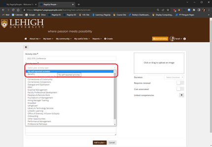 screen shot of activity type selection in PageUp