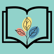 A minimalist illustration of an open black-outlined book on a teal background, featuring a stem with three leaves growing from the center, each accented by a soft blob of red, yellow, or blue.